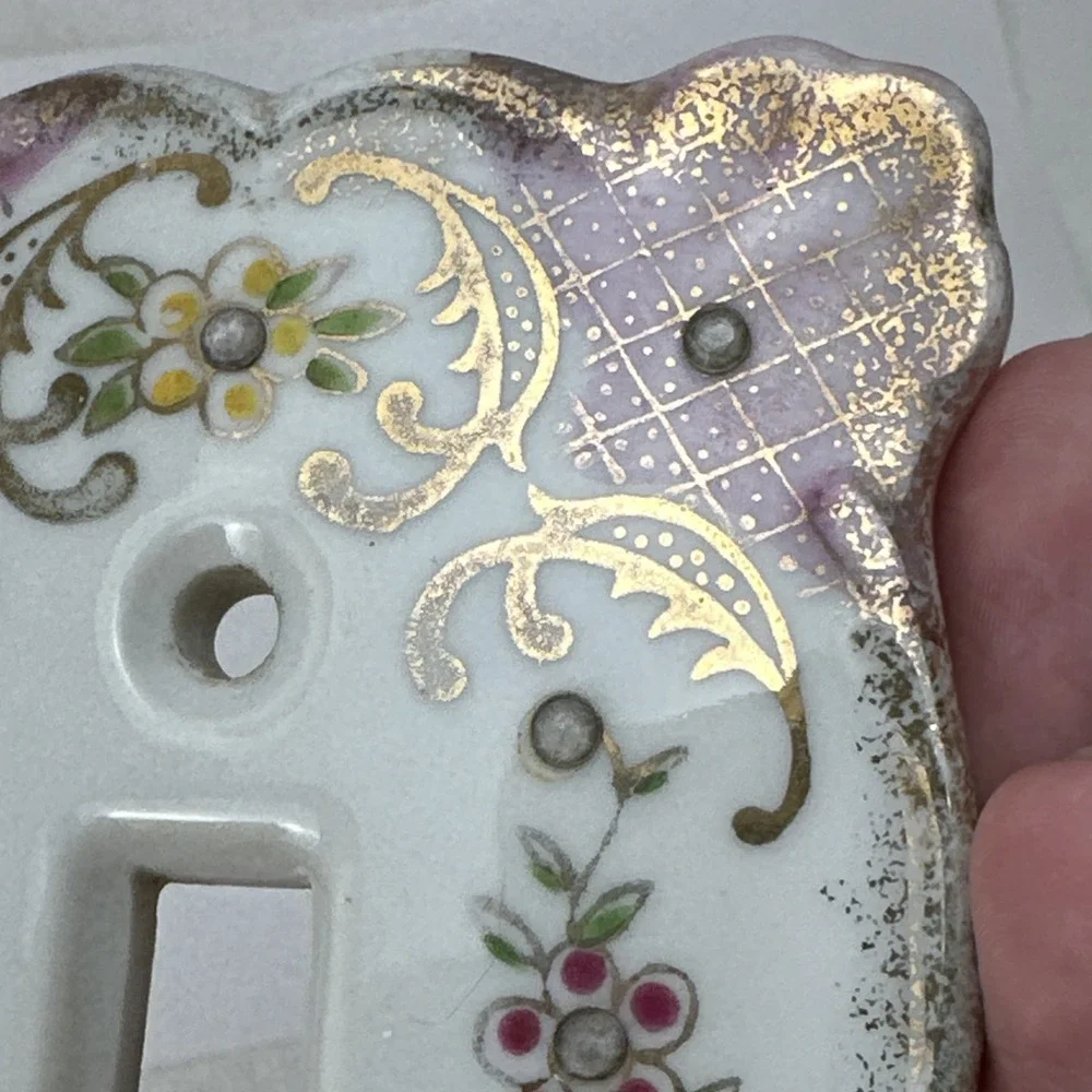 Vintage Lefton's Floral Rhinestones Porcelain Light Switch Plate Cover Pink 2685